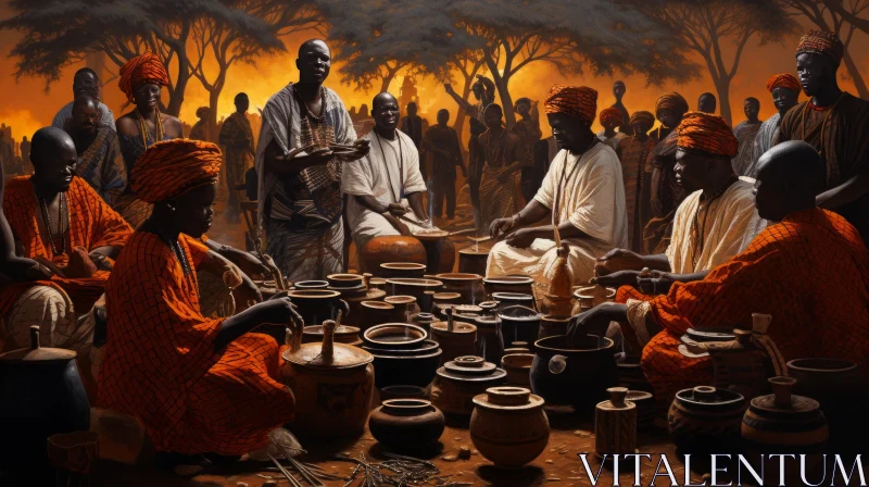 Enthralling African-Influenced Art: Men, Drums, and Pottery AI Image