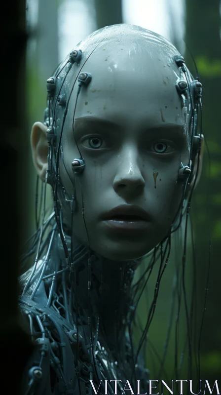 Futuristic Android Woman in Woodland AI Image