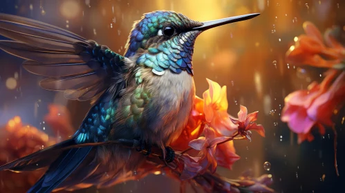 Hummingbird Amidst Rain and Flowers: A Realistic Portrayal
