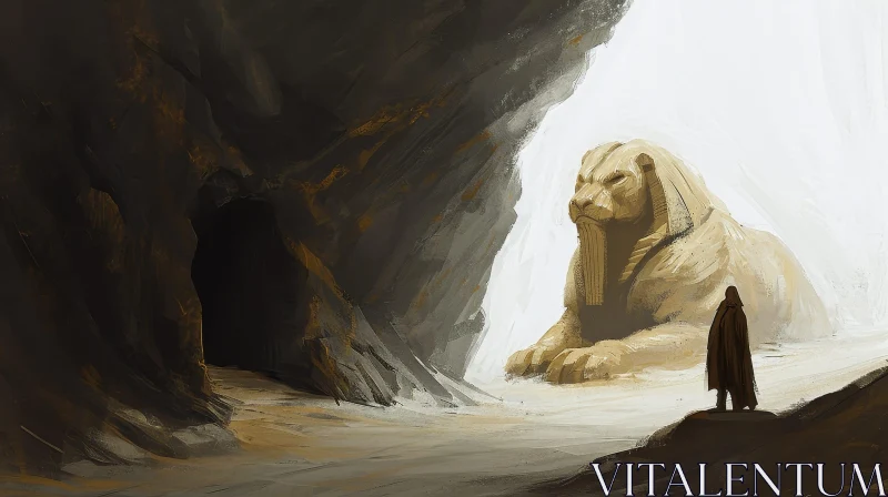 Mysterious Digital Painting of Desert Landscape with Ancient Statue AI Image
