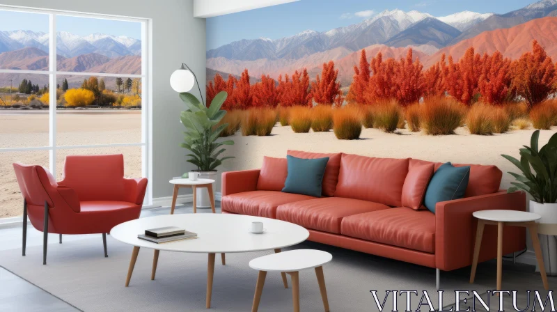 Photorealistic Living Room with Mountain Scenery and Red Furniture AI Image