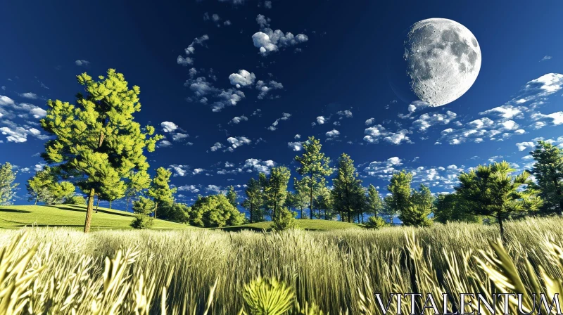 Serene Landscape with Full Moon Rising over Wheat Field AI Image
