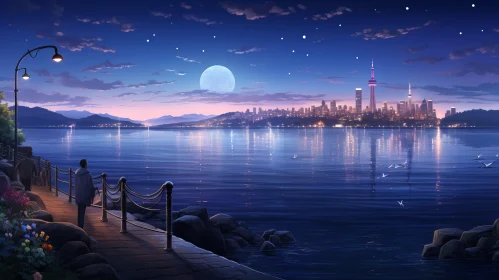 Tranquil Moonlit Cityscape in Cartoon Realism Style