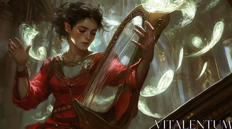 Serene Harpist in Ethereal Light AI Image