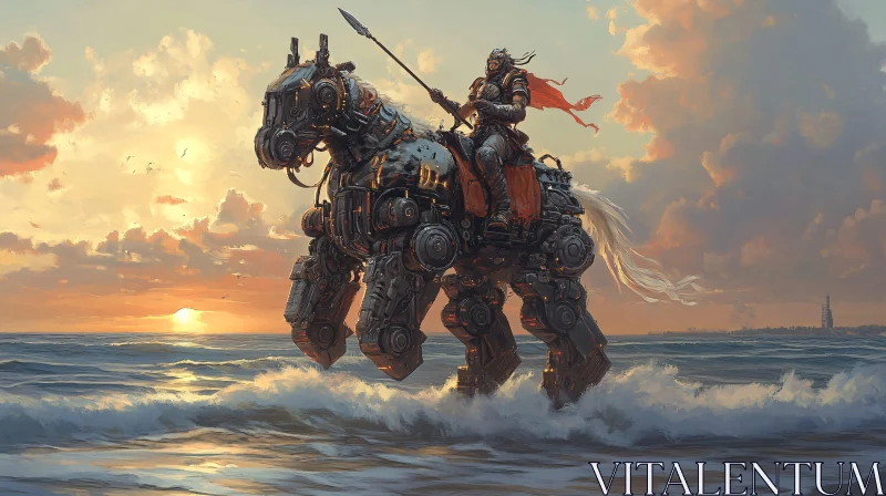 AI ART Warrior on Robotic Horse by the Sea