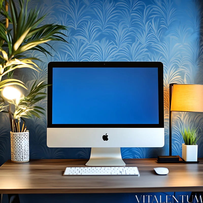 Sleek Desk Setup with Blue Screen Desktop AI Image