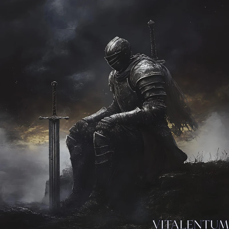 AI ART Armored Knight Resting with Sword