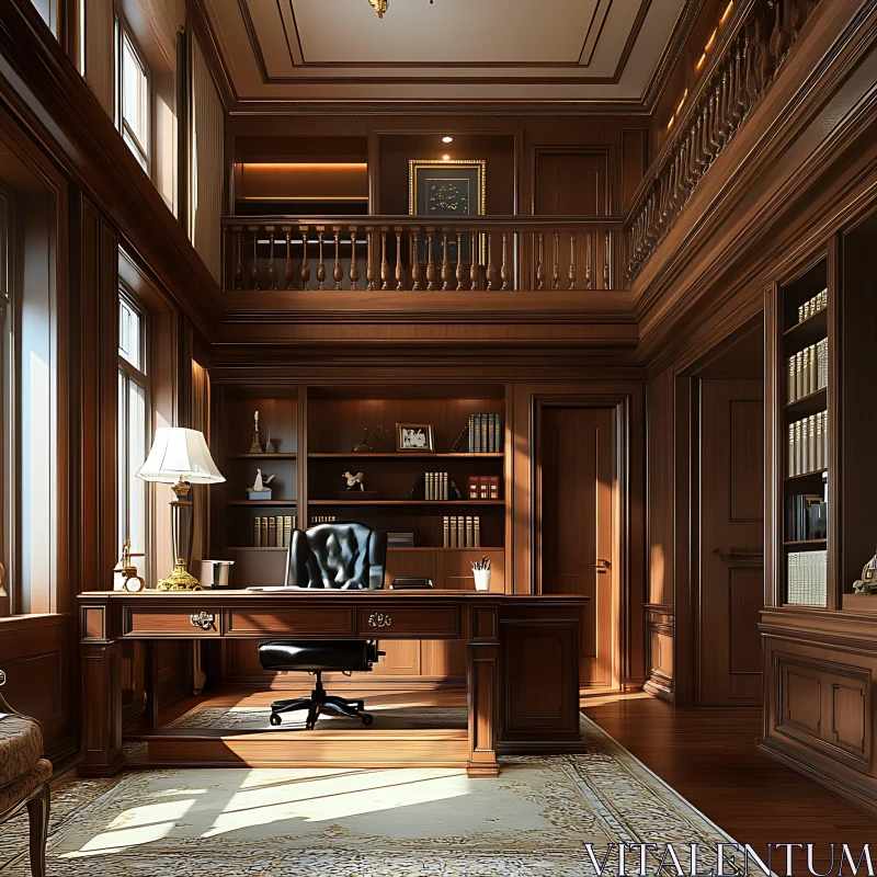 Sophisticated Wooden Home Office Interior AI Image