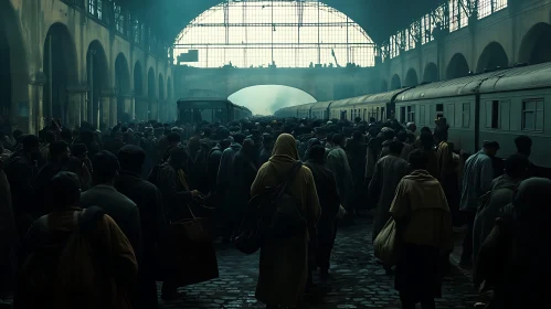 Crowd at a Vintage Train Station