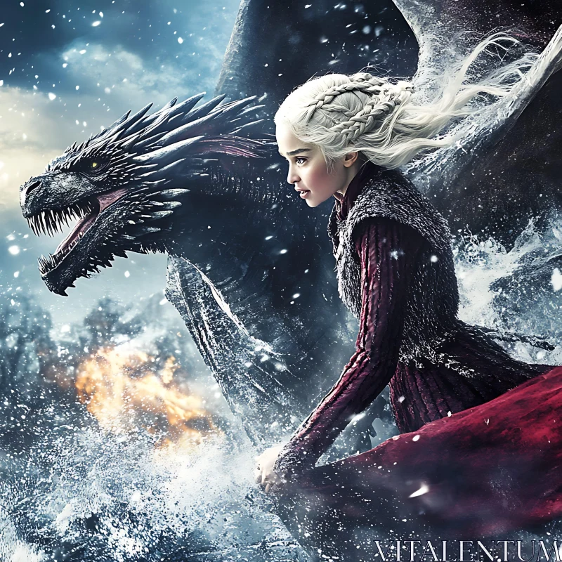 Woman and Dragon in Winter AI Image