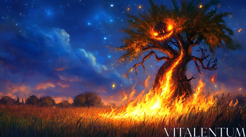 Enchanted Fiery Tree Under the Starry Sky AI Image