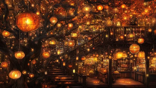 Glowing Lanterns in a Magical Treehouse