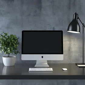 Modern Workspace Setup with Potted Plant and Desk Lamp