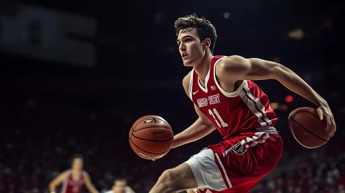 Basketball Player Dribbling Ball in Match