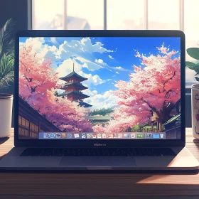 Cozy Workspace with Anime-Themed Laptop Wallpaper