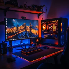 RGB Gaming Station with Mountain Landscape Display