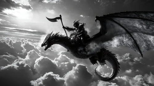 Warrior on Dragon Soaring Above Clouds