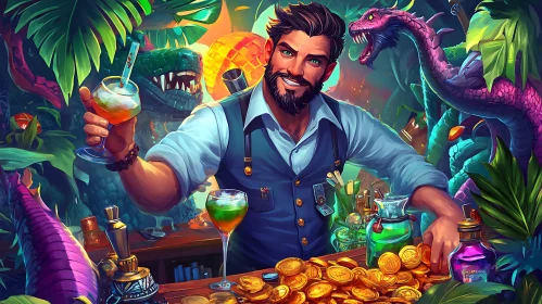 Fantasy Bartender Serving Cocktails in Jungle