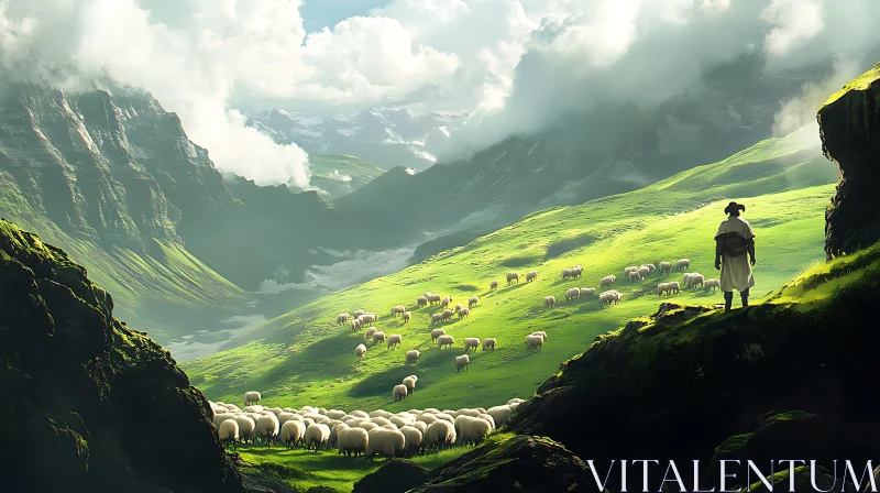 Green Mountain Meadow with Shepherd and Flock AI Image