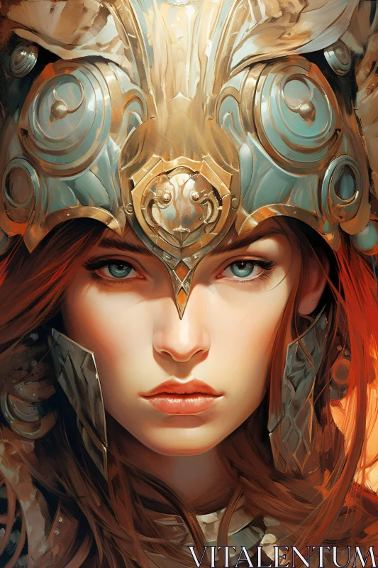 Female Warrior in Golden Helmet AI Image