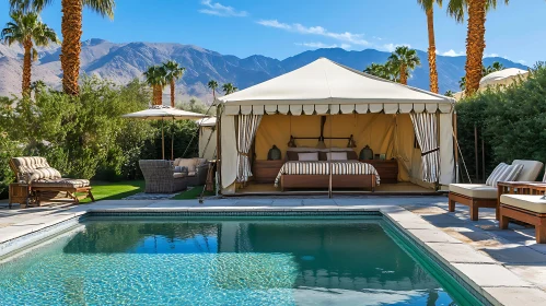 Lavish Outdoor Tent with Pool and Mountain Scenery