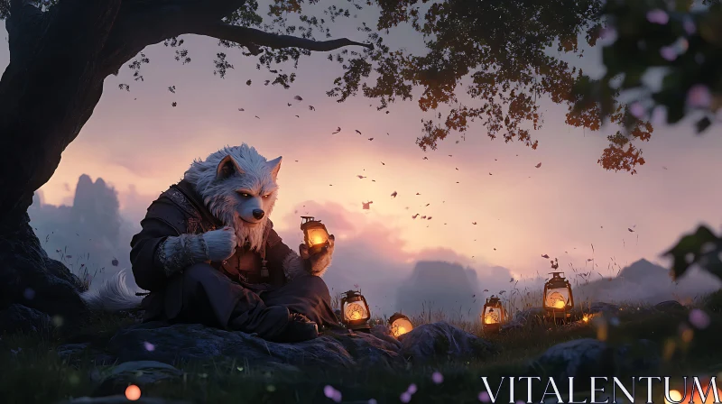 AI ART Wolf Character at Sunset with Lanterns