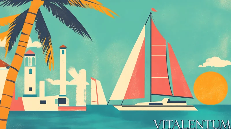 AI ART Tranquil Seascape with Sailboat and Palm