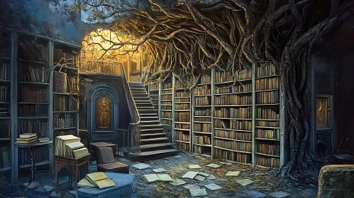 Enchanted Library with Tree Roots