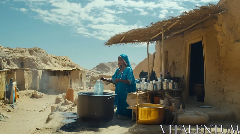 Woman Pouring Water in Desert Village AI Image