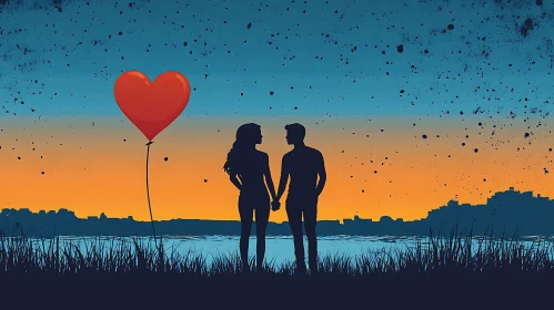 Silhouetted Lovers with Red Heart Balloon
