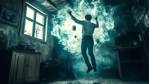 Man Levitating Surrounded by Books