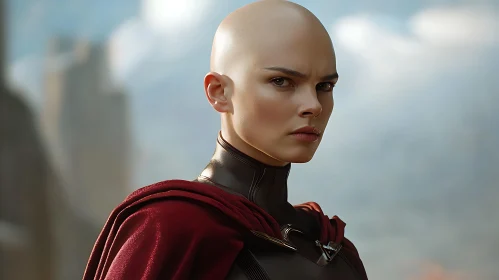 Striking Bald Woman with Red Cape