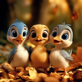 Three Cheerful Birds Among Autumn Leaves