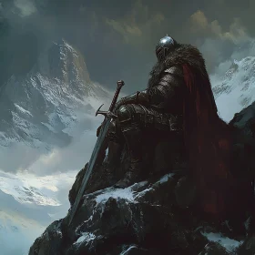 Armored Knight with Sword on Mountain