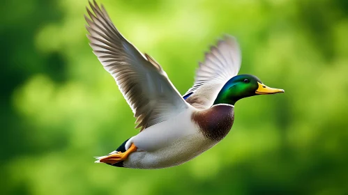 Duck Flying Over Green Background