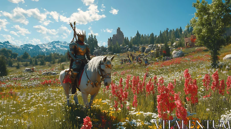 AI ART Armored Knight Riding Through Field of Flowers