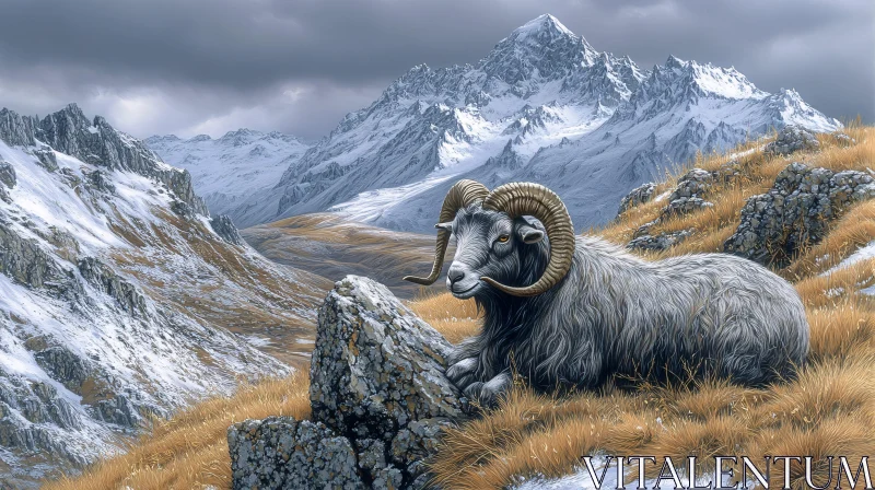 AI ART Ram Resting in Alpine Terrain