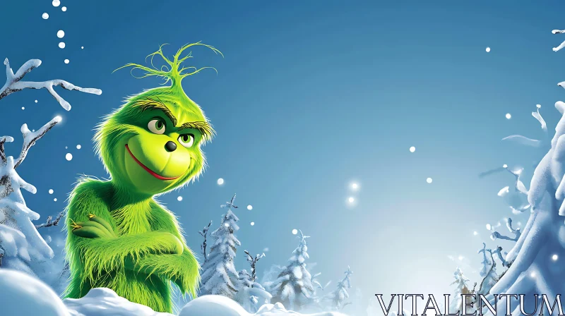 Mischievous Green Character in Snowy Scene AI Image