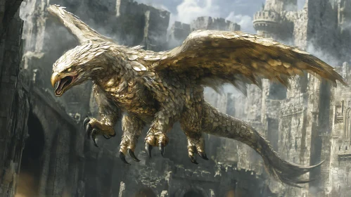 Golden Griffin in Flight Near Castle Ruins