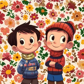 Floral Cartoon with Smiling Children