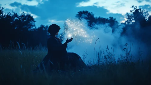 Woman Holding Stars in Night Field
