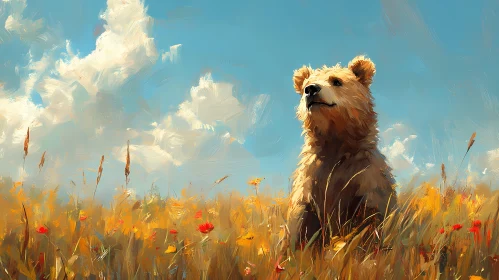 Bear Cub in a Flower-Filled Field