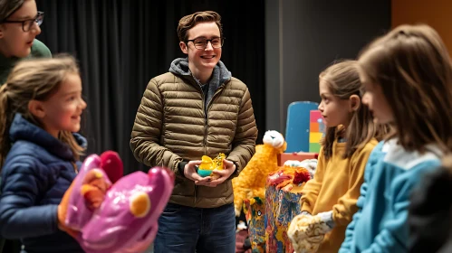 Smiling Man with Kids and Toy Duck