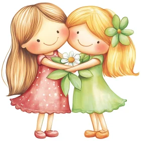 Two Cartoon Girls Embracing with Flower