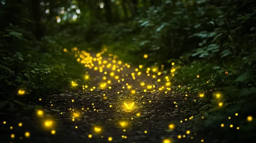 Glowing Fireflies in Dark Forest Trail