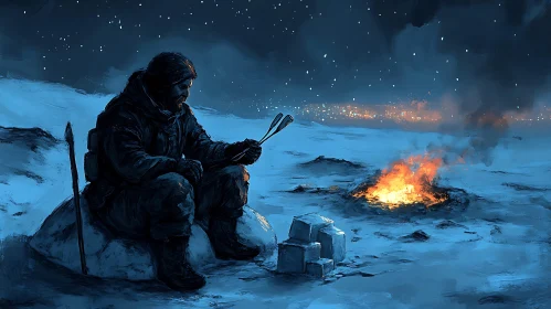 Man Contemplates by Campfire in Winter