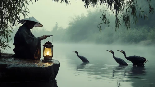 Misty River Scene with Birds and Light