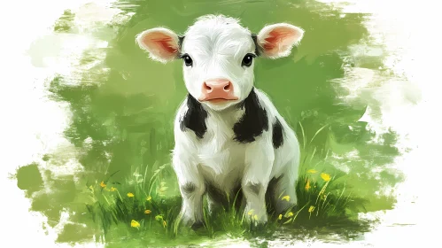 Cute Calf in Green Pasture