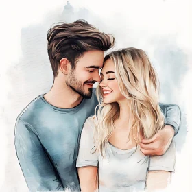 Affectionate Couple in Watercolor Style Portrait