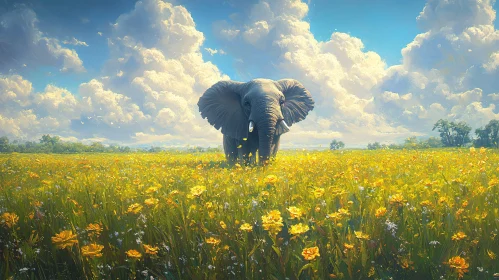 Majestic Elephant in Flower Field